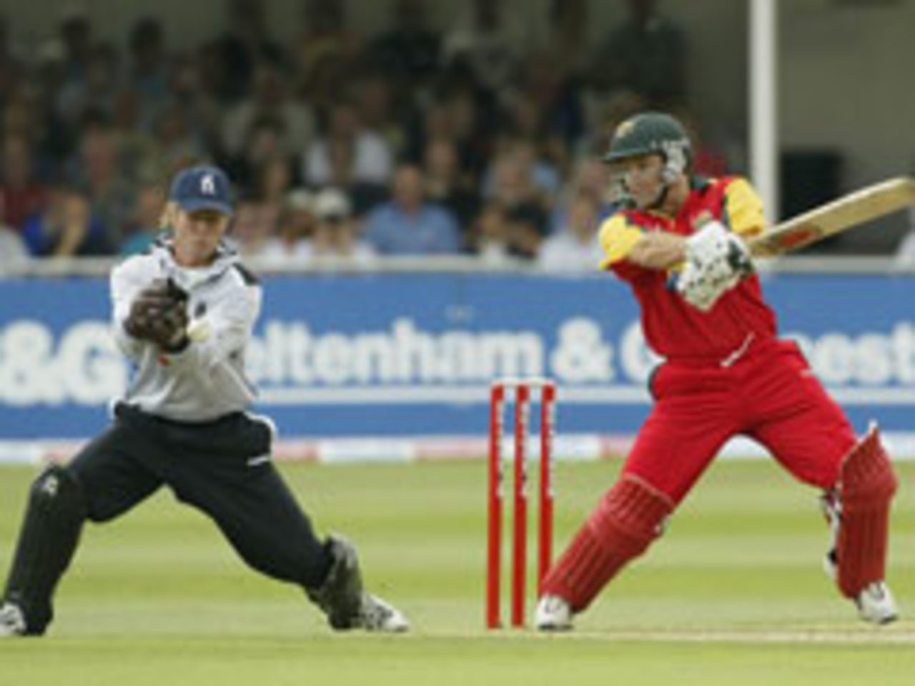 Man of the match Brad Hodge attacks for Leicestershire in their losing semi-final against Warwickshire in the Twenty20 Cup