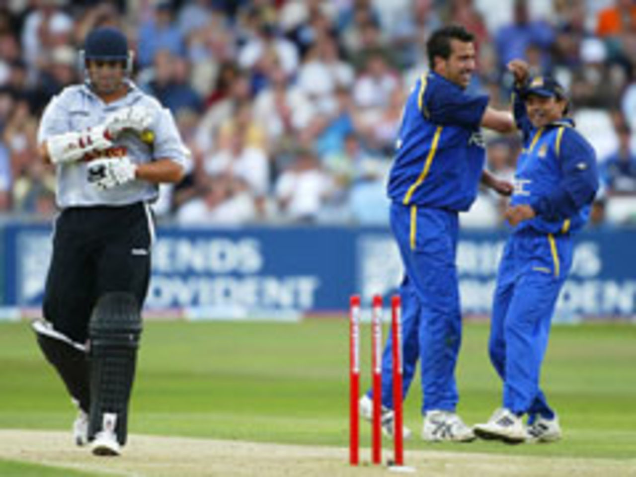 Jimmy Ormond celebrates the wicket of Neil Carter in the final of the Twenty20 Cup at Trent Bridge