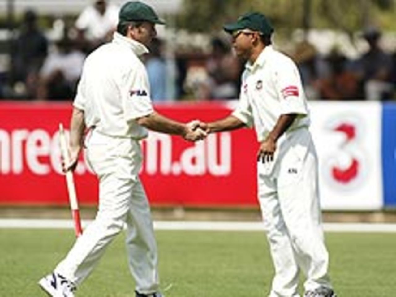 Steve Waugh and Khaled Mahmud shake hands after Australia beat Bangladesh in the first Test at Darwin