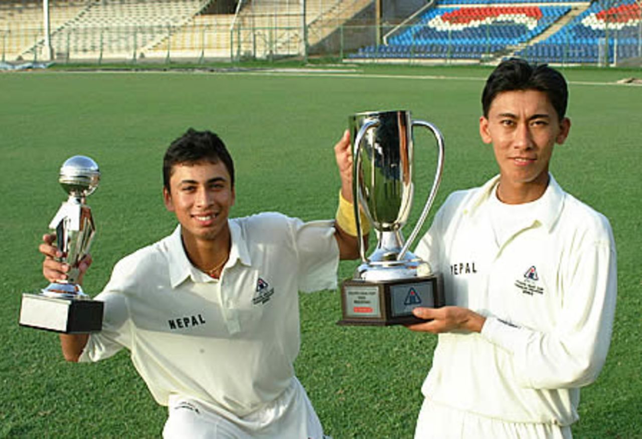 Sharad Veswakar (left) Man of the Match with his captain Shakti Prasad (right), Final: Malaysia Under-19s v Nepal Under-19s at National Stadium, Karachi, Youth Asia Cup 2003, 27 July 2003.
