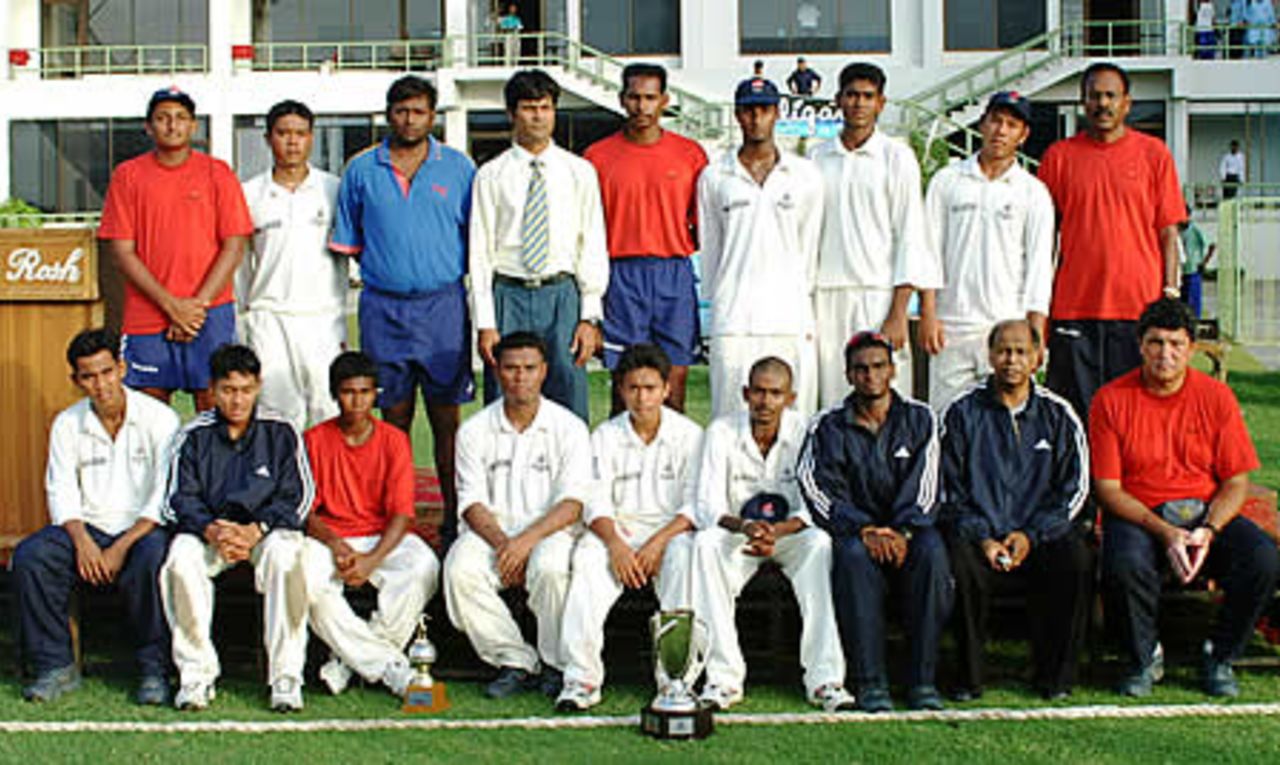 Group photo of runners-up Malaysia, Final: Malaysia Under-19s v Nepal Under-19s at National Stadium, Karachi, Youth Asia Cup 2003, 27 July 2003.