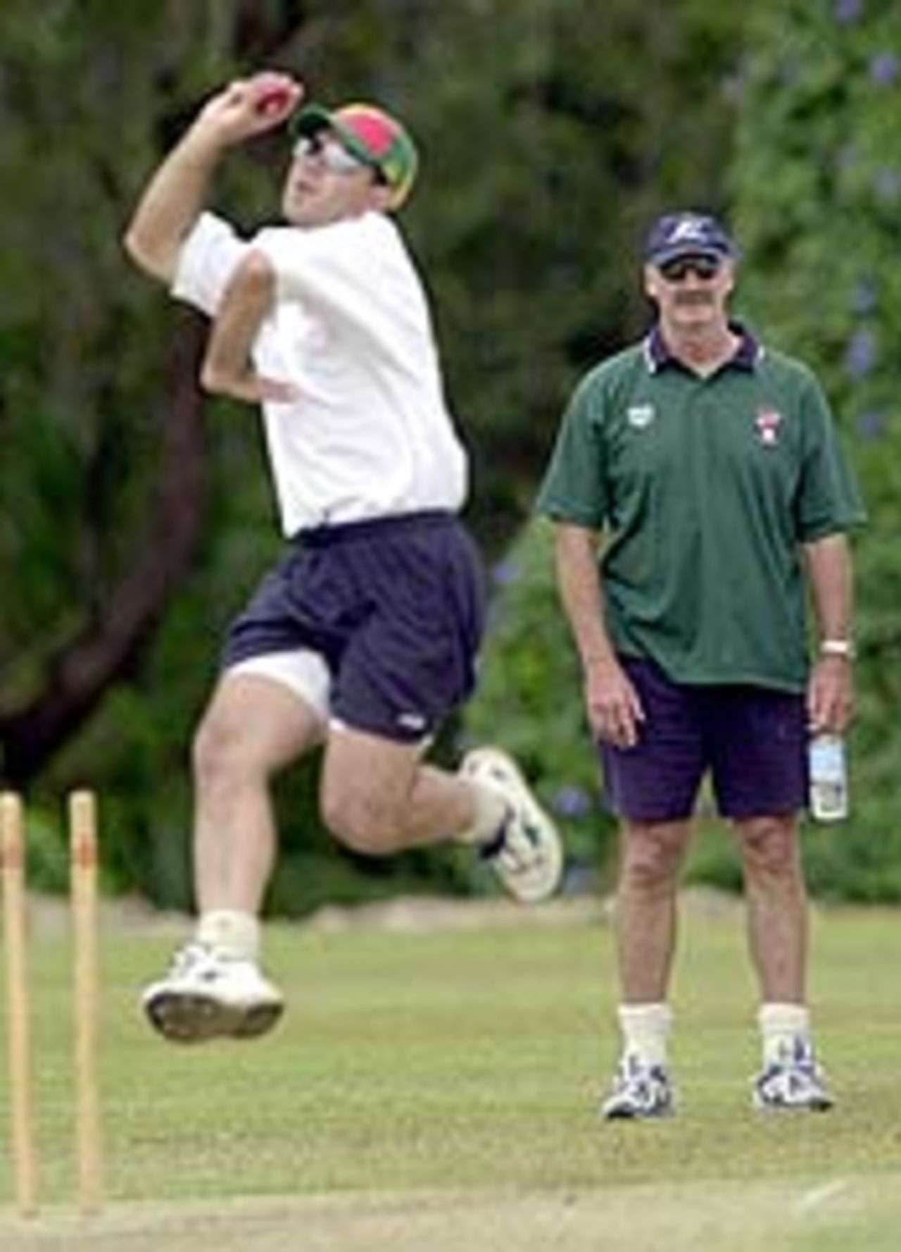 Dennis Lillee surpervises fast bowlers in nets, May 2000