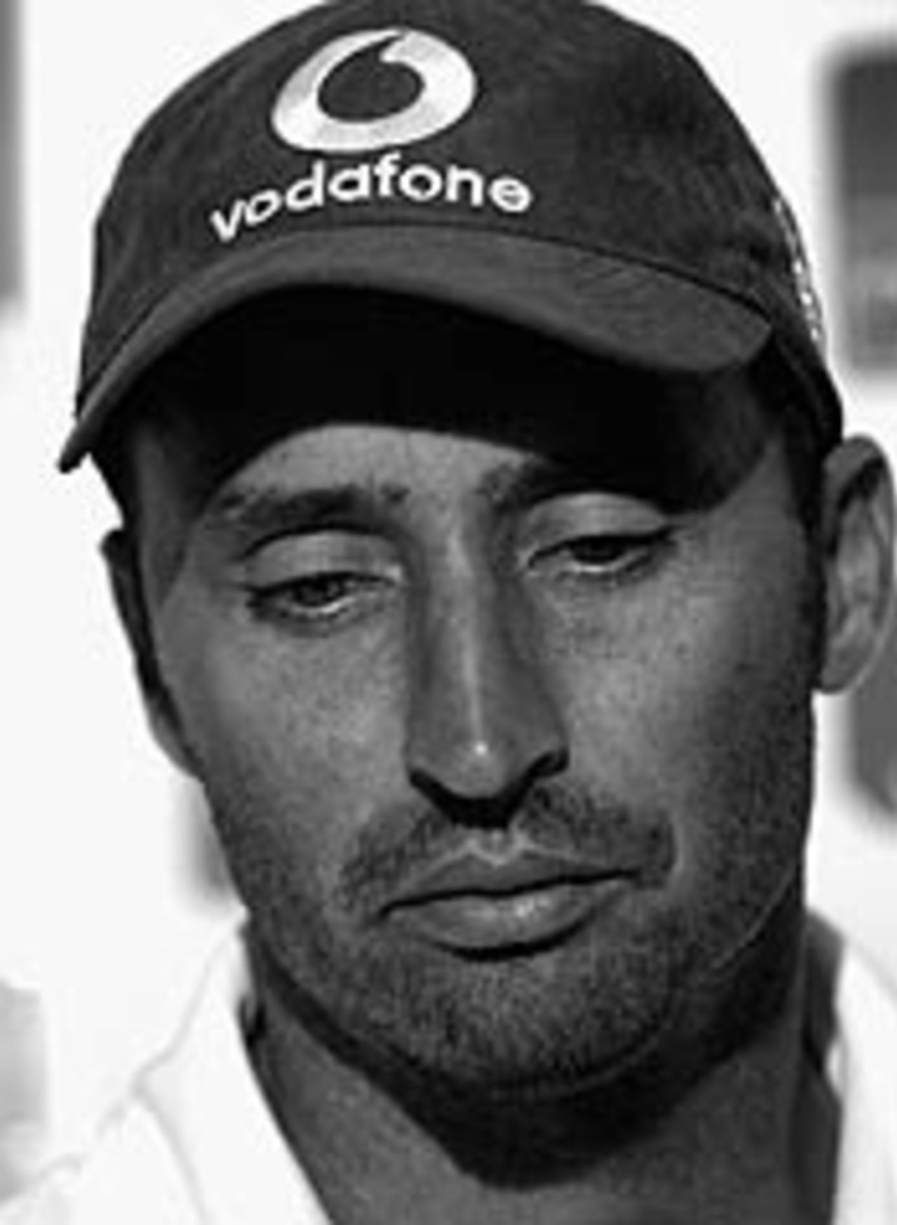 A reflective Nasser Hussain announces his resignation, July 28, 2003 B&W