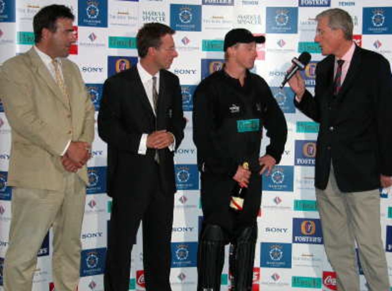 Derek Kenway is interviewed by Sky's Bob Willis after being presented with the Man of the Match Award for his 78 against Northamptonshire Steelbacks.