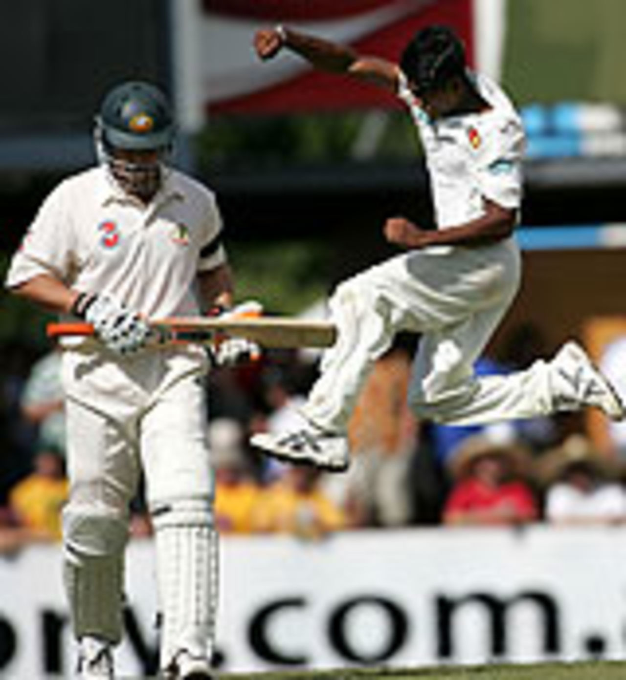 Lasith Malinga celebrates the wicket of Darren Lehmann, Australia v Sri Lanka, Darwin, July 1, 2004