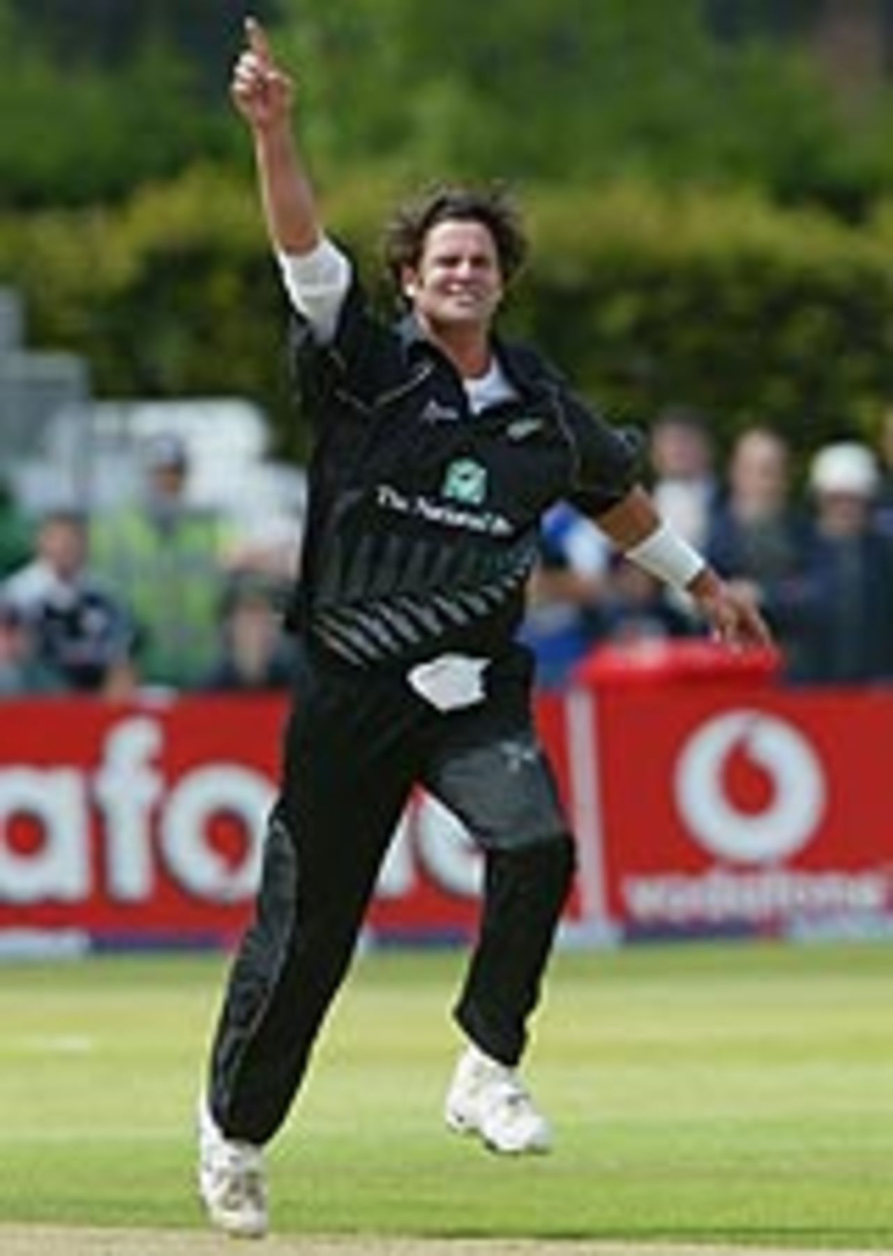 Chris Cairns celebrates another wicket, as West Indies lose seven wickets for 36 runs at Cardiff, NatWest Series, July 3, 2004