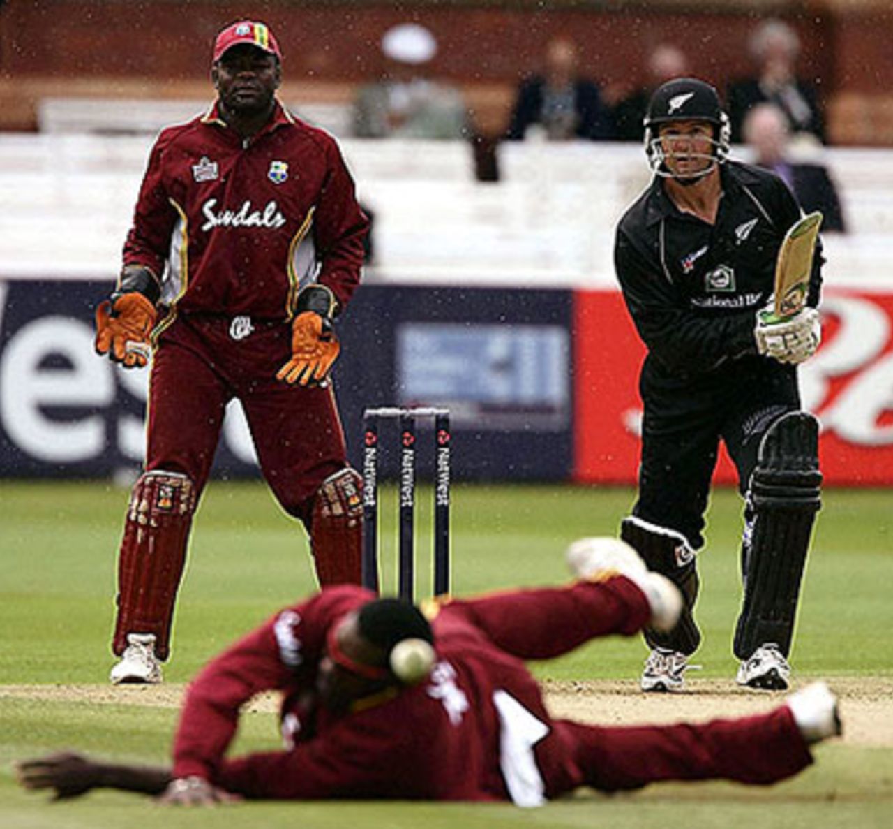 Nathan Astle drives Dwayne Bravo, New Zealand v West Indies, Lord's, July 10, 2004