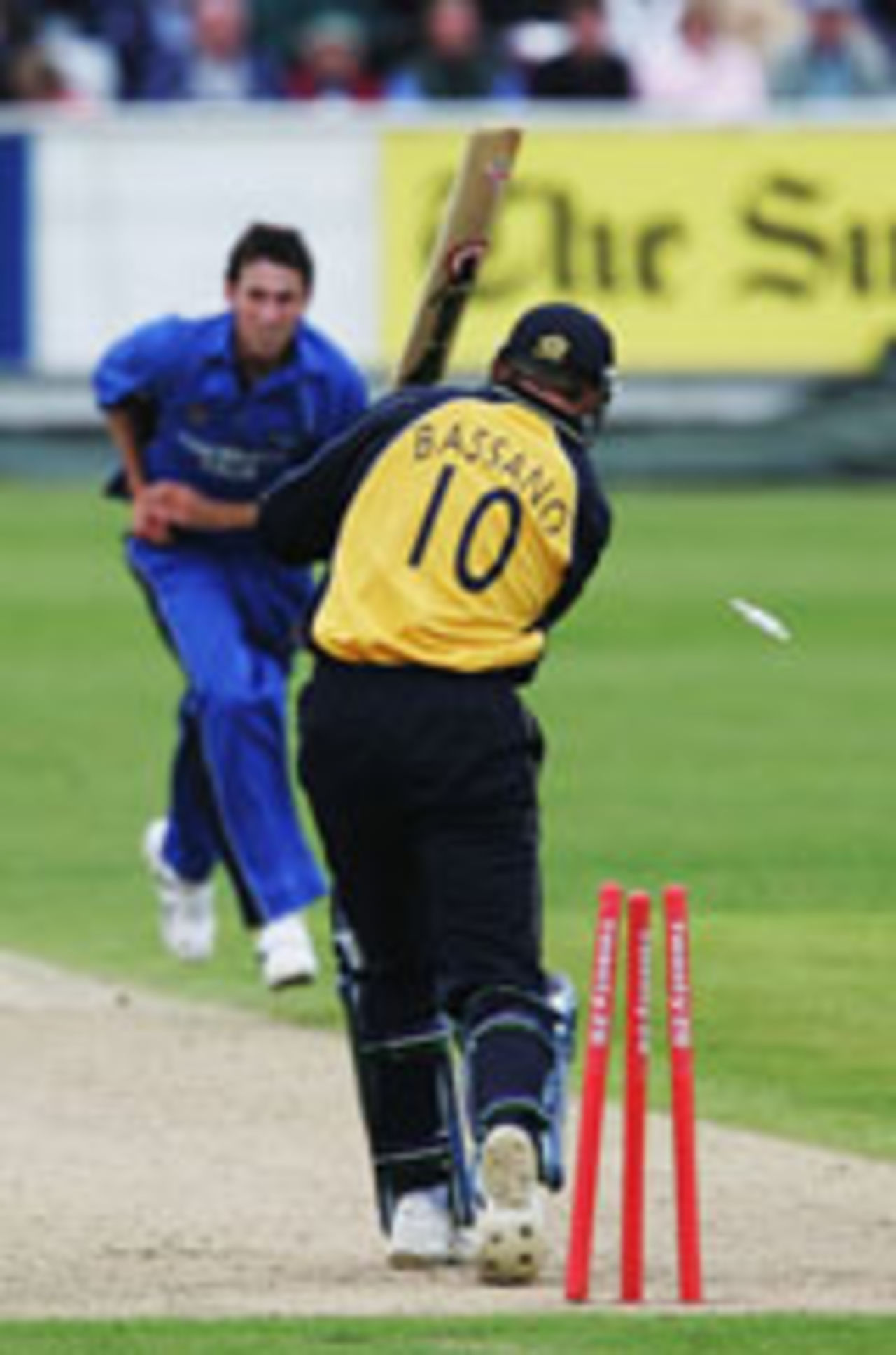 Chris Bassano is bowled by Graham Onions, Durham v Derbyshire, Chester-le-Street, Twenty20 Cup, July 13, 2004