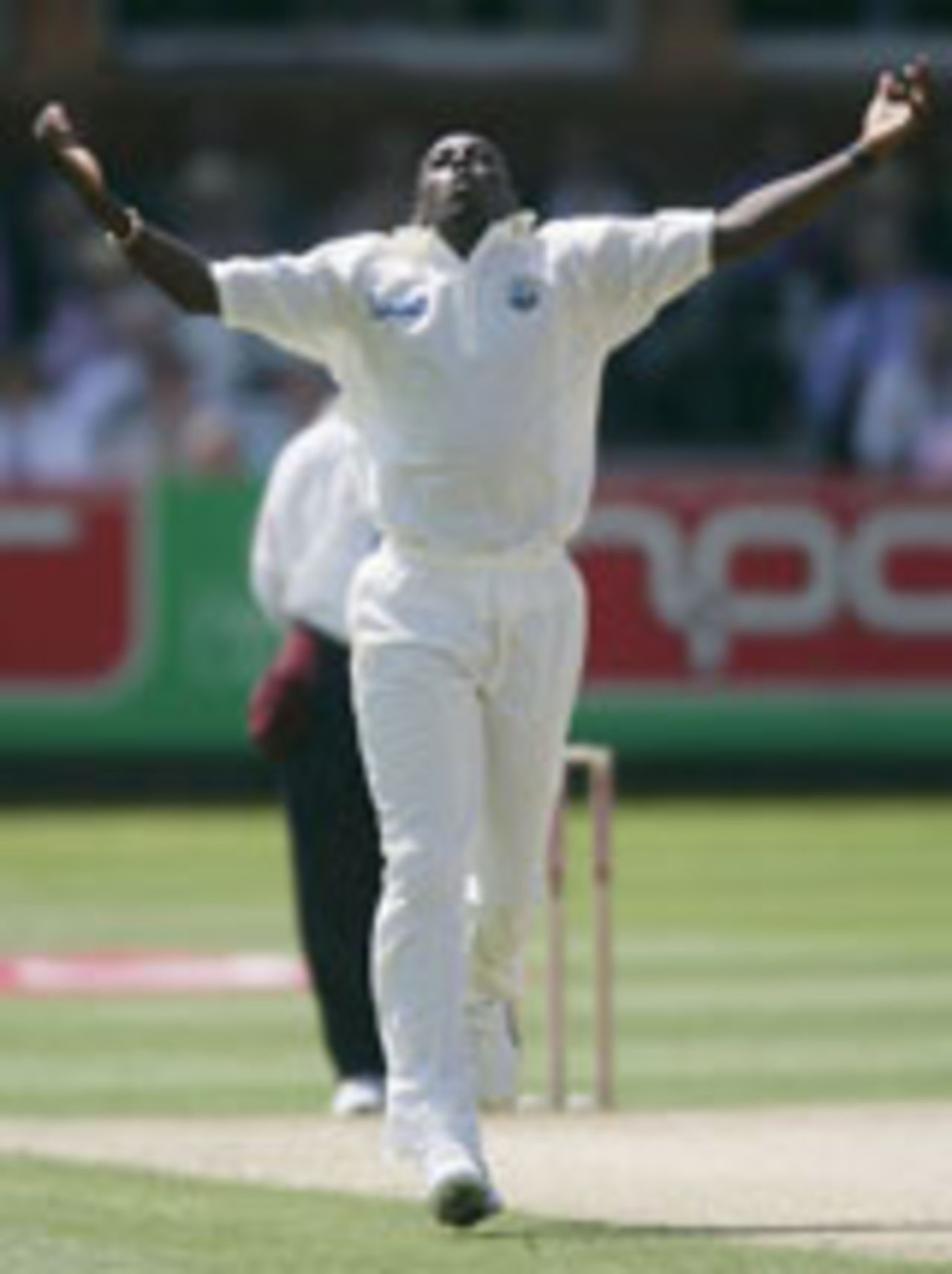 Pedro Collins celebrates a wicket, England v West Indies, 1st Test, Lord's, July 23, 2004
