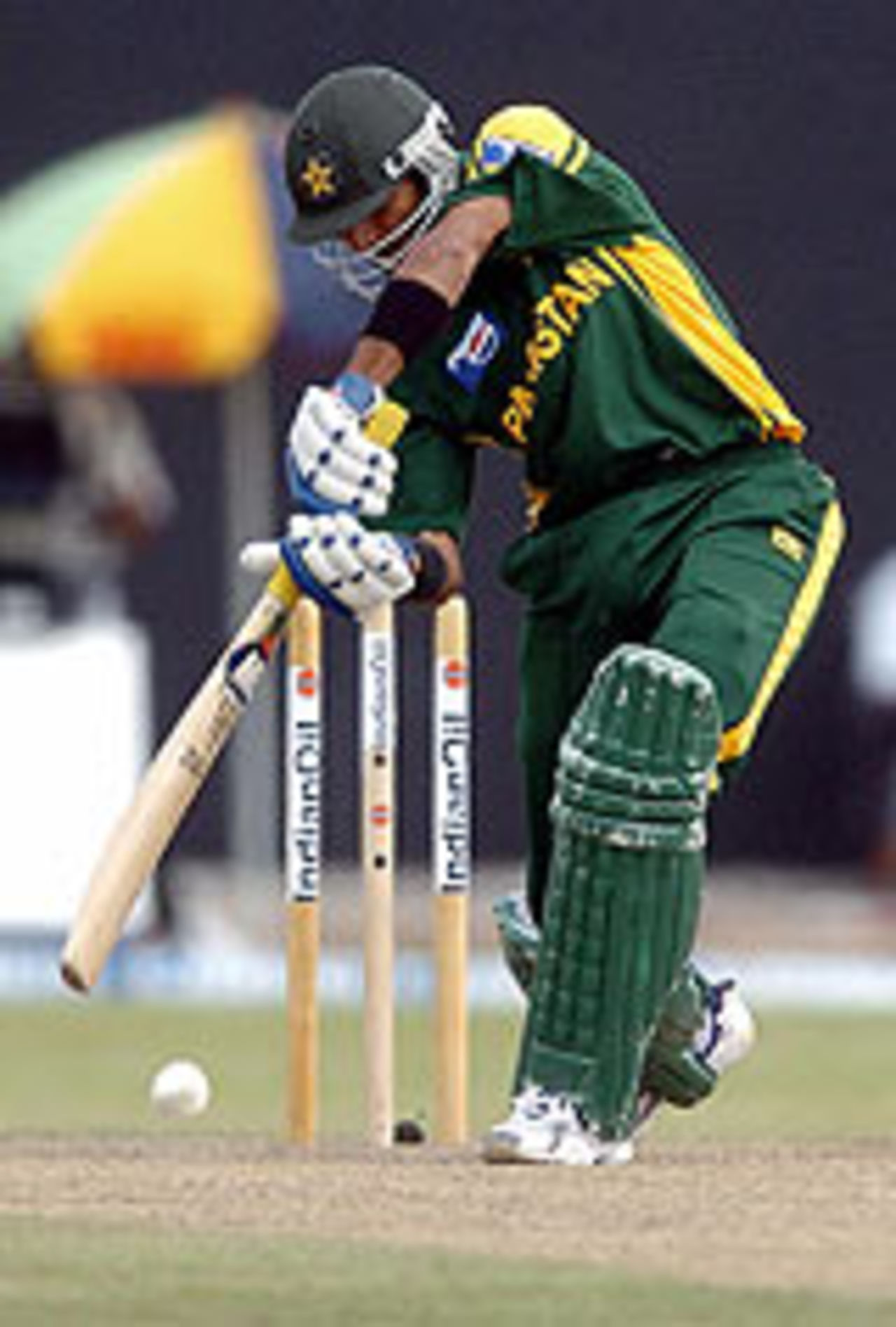 An aggressive Shoaib Malik drives the ball, Pakistan v India, Asia Cup, 10th match, Colombo, 25 July, 2004