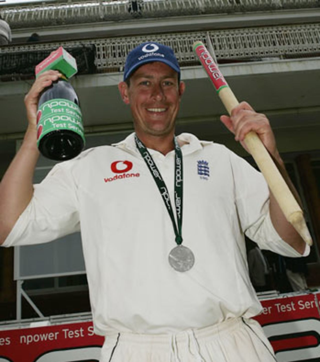 Ashley Giles celebrates victory and his man of the Match award, England v West Indies, 1st Test, Lord's, July 26, 2004