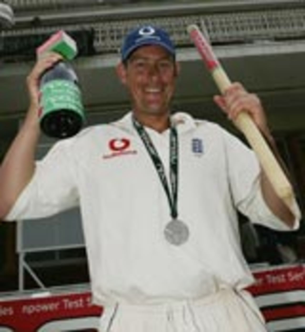 Ashley Giles with his Man of the Match medal and champagne, England v West Indies, 1st Test, Lord's, 26 July 2004