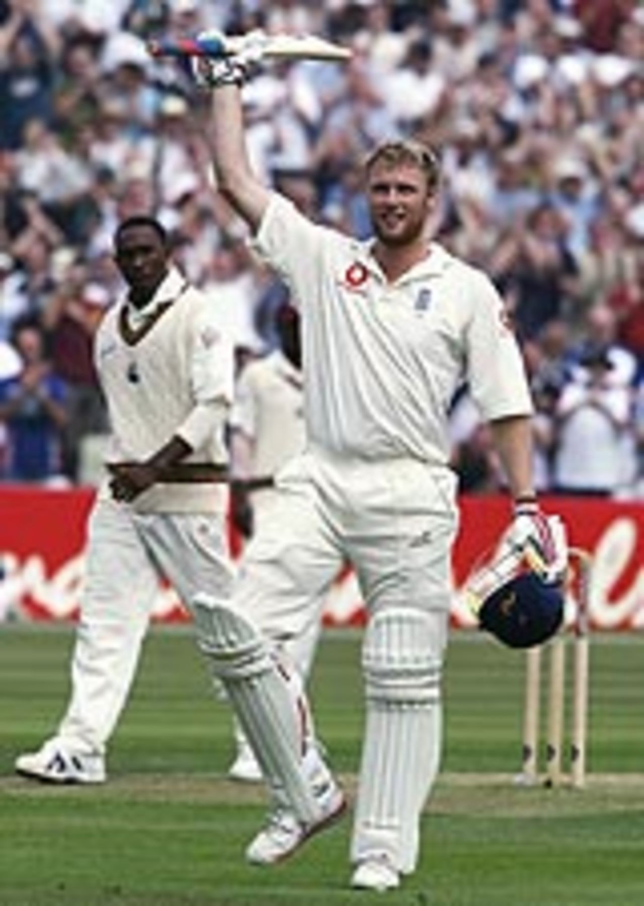 Andrew Flintoff celebrates his century, as England take command on the second morning at Edgbaston, England v West Indies, 2nd Test, Edgbaston, July 30, 2004