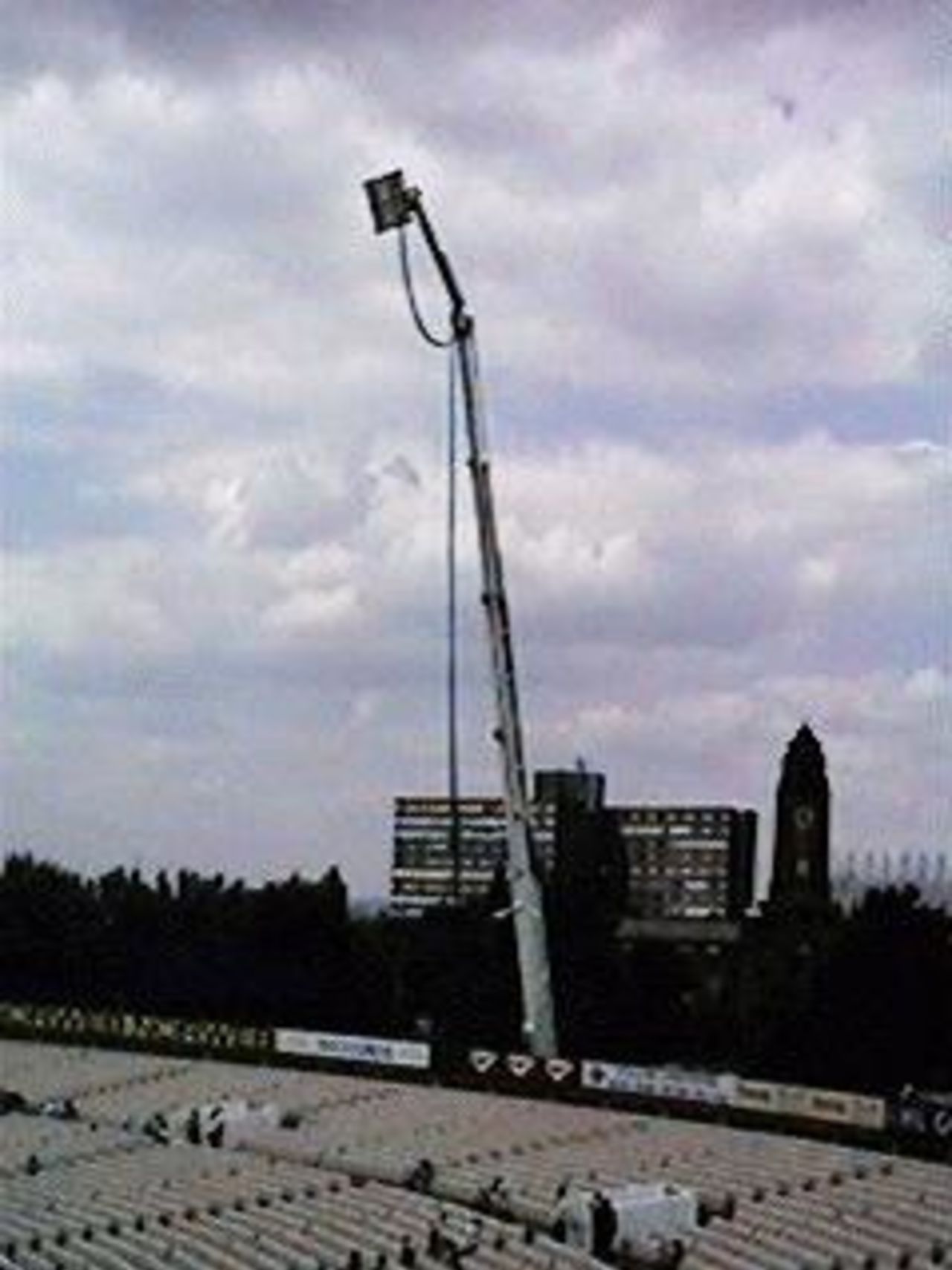 Temporary floodlight used for the exhibition day-night match (known as the "Floodlit Challenge") played at Old Trafford on 21st July 1997 between Yorkshire and Lancashire. This was the first day-night match played at a main county ground in the UK.