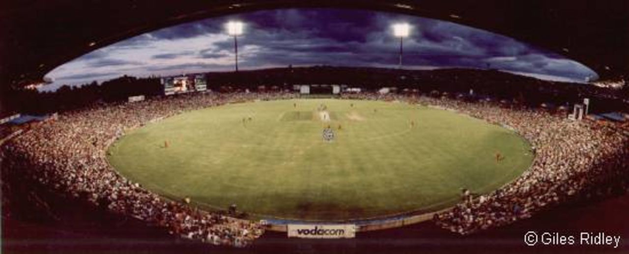 A view from the Main Pavilion, on the North side of the ground, as night falls.