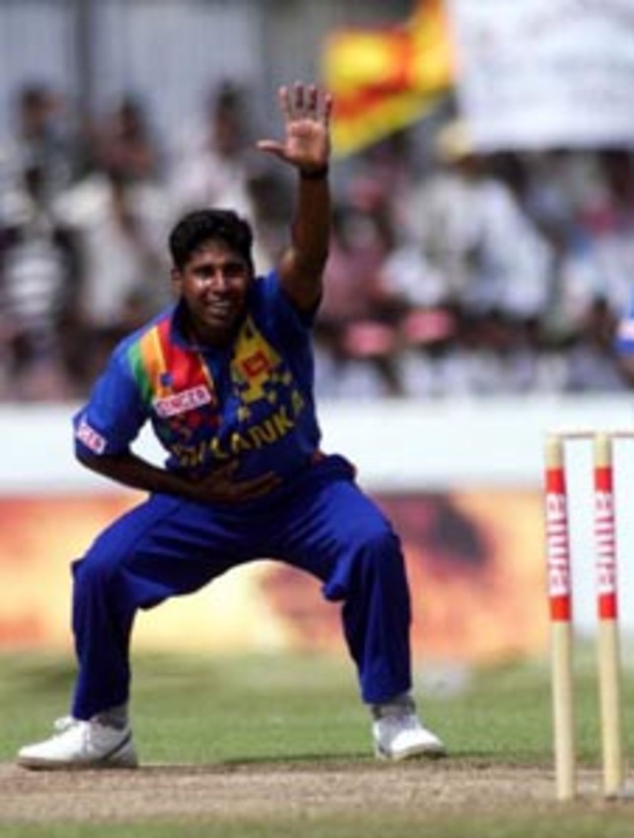 22 Aug 1999: Chaminda Vaas of Sri Lanka has an appeal against Adam Gilchrist of Australia turned down during the one day international between Sri Lanka and Australia at Galle International Stadium, Galle, Sri Lanka.