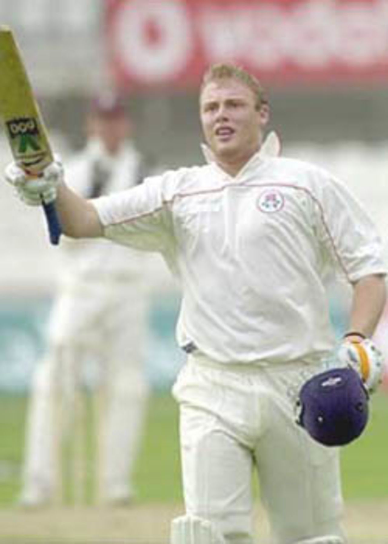 Flintoff raises his bat to celebrate his century, NatWest Trophy, 2000, Quarter Final, Surrey v Lancashire, Kennington Oval, London, 26 July 2000.