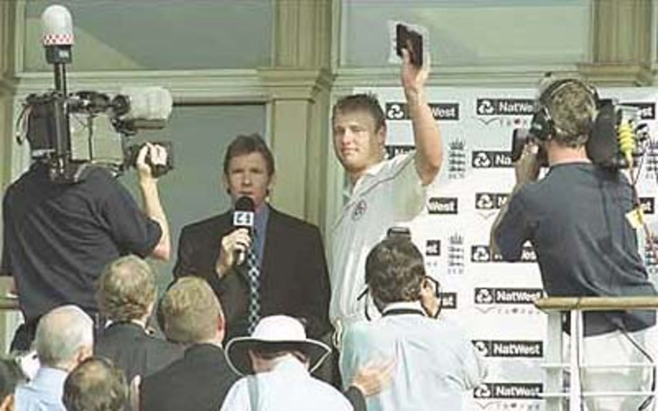 Flintoff receiving the man of the match award, NatWest Trophy, 2000, Quarter Final, Surrey v Lancashire, Kennington Oval, London, 26 July 2000.