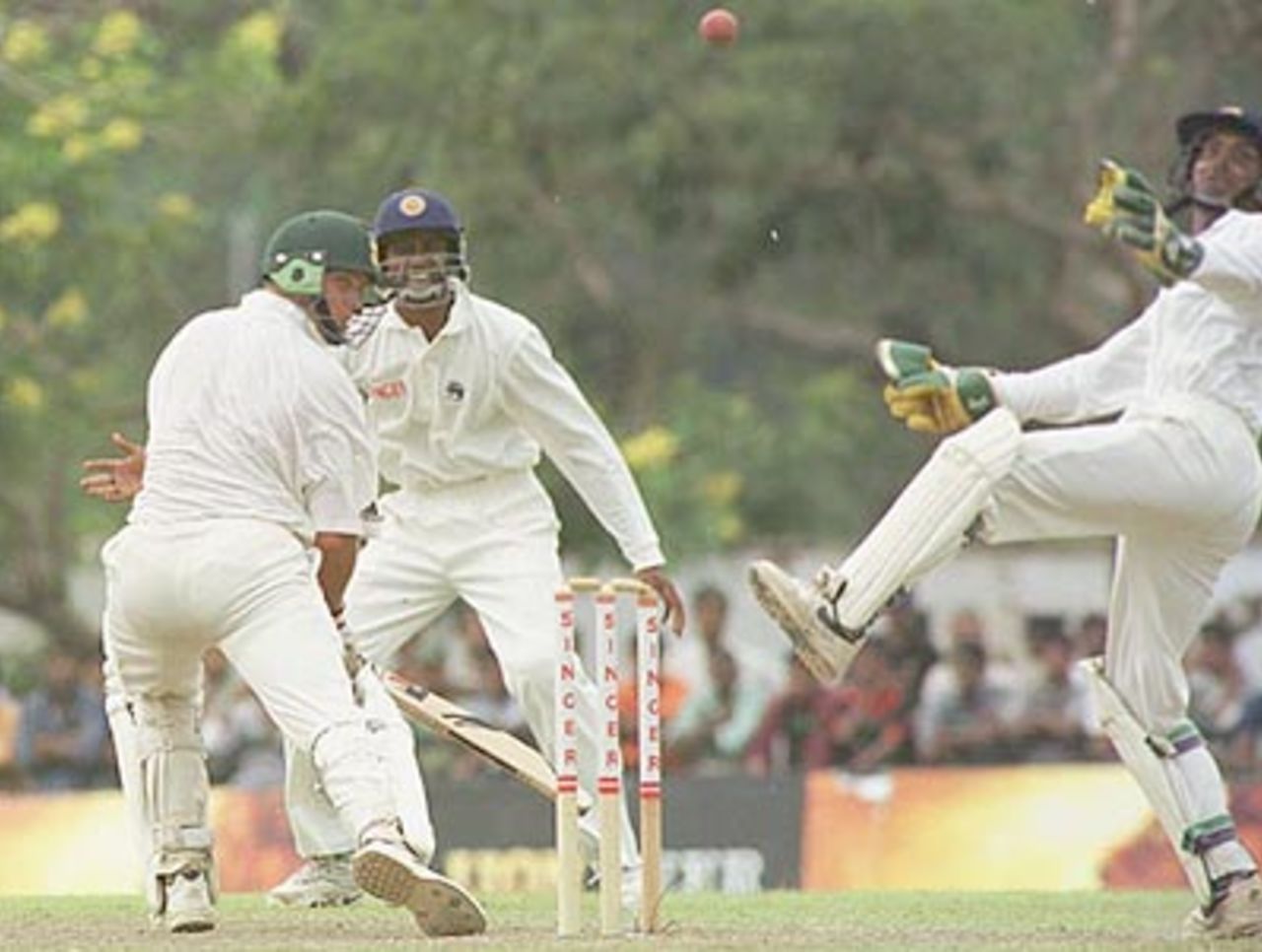 Kallis gets a lucky reprive as Sangakkara fails to latch on to the catch. South Africa in Sri Lanka 2000/01, 2nd Test, Sri Lanka v South Africa Asgiriya Stadium, Kandy, 30 July-03 August 2000 (Day 3)