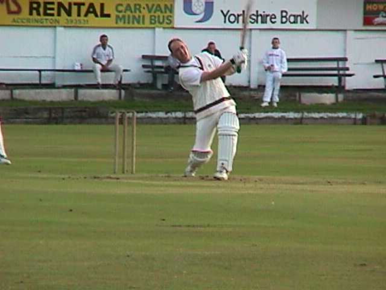 The Griffin's Andy McNicholas smites a mighty six off Peel Park's Pete Dudley