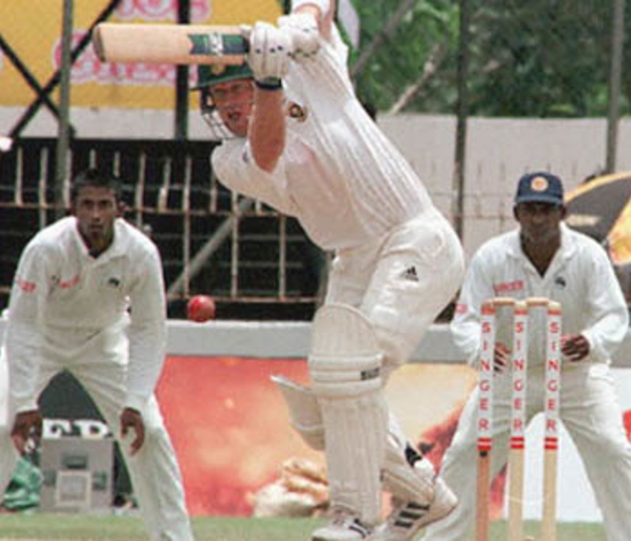 South African batsman J Rhodes in action on the first day of their third and final test against Sri Lanka scoring 21 runs. South Africa were 194 for seven wickets at stumps. South Africa in Sri Lanka, 2000/01, 3rd Test, Sri Lanka v South Africa, Sinhalese Sports Club Ground, Colombo, 06-10 August 2000 (Day 1).