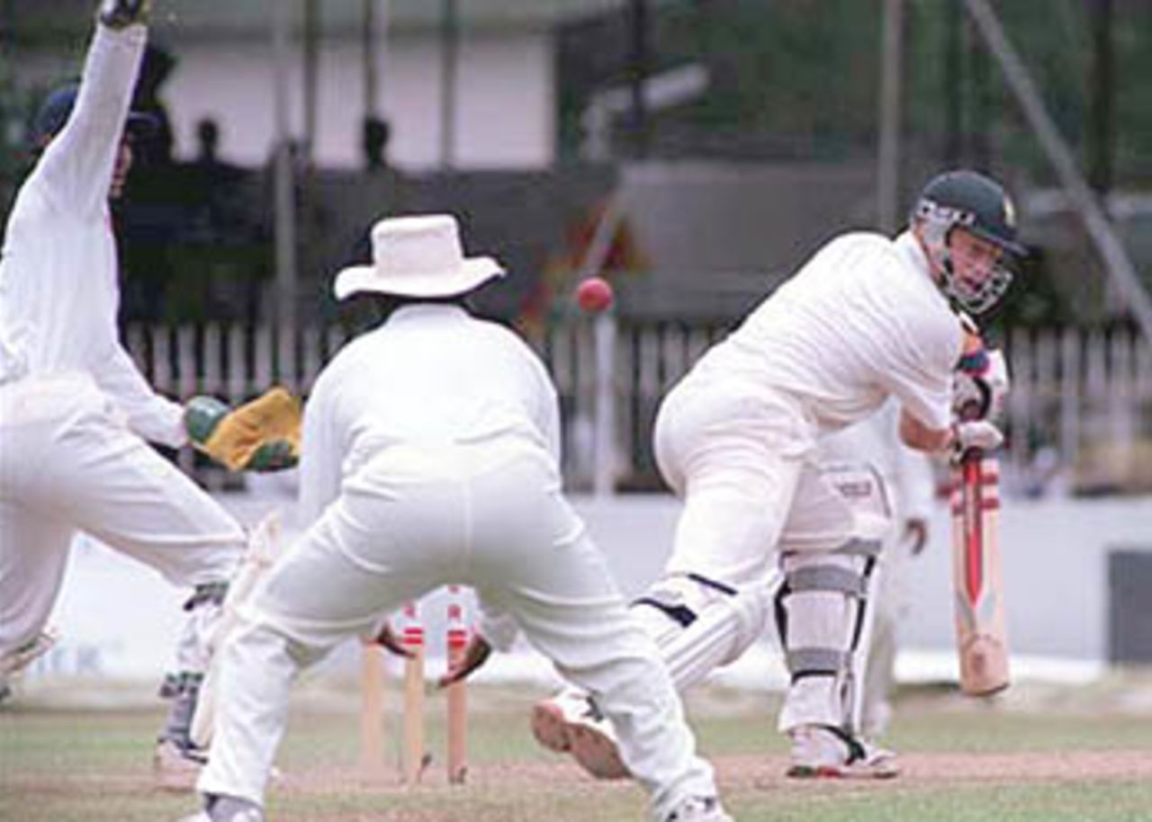 South African tailender Mornantau Hayward struggles against the Sri Lankan spin attack, South Africa in Sri Lanka, 2000/01, 3rd Test, Sri Lanka v South Africa, Sinhalese Sports Club Ground, Colombo, 06-10 August 2000 (Day 2).