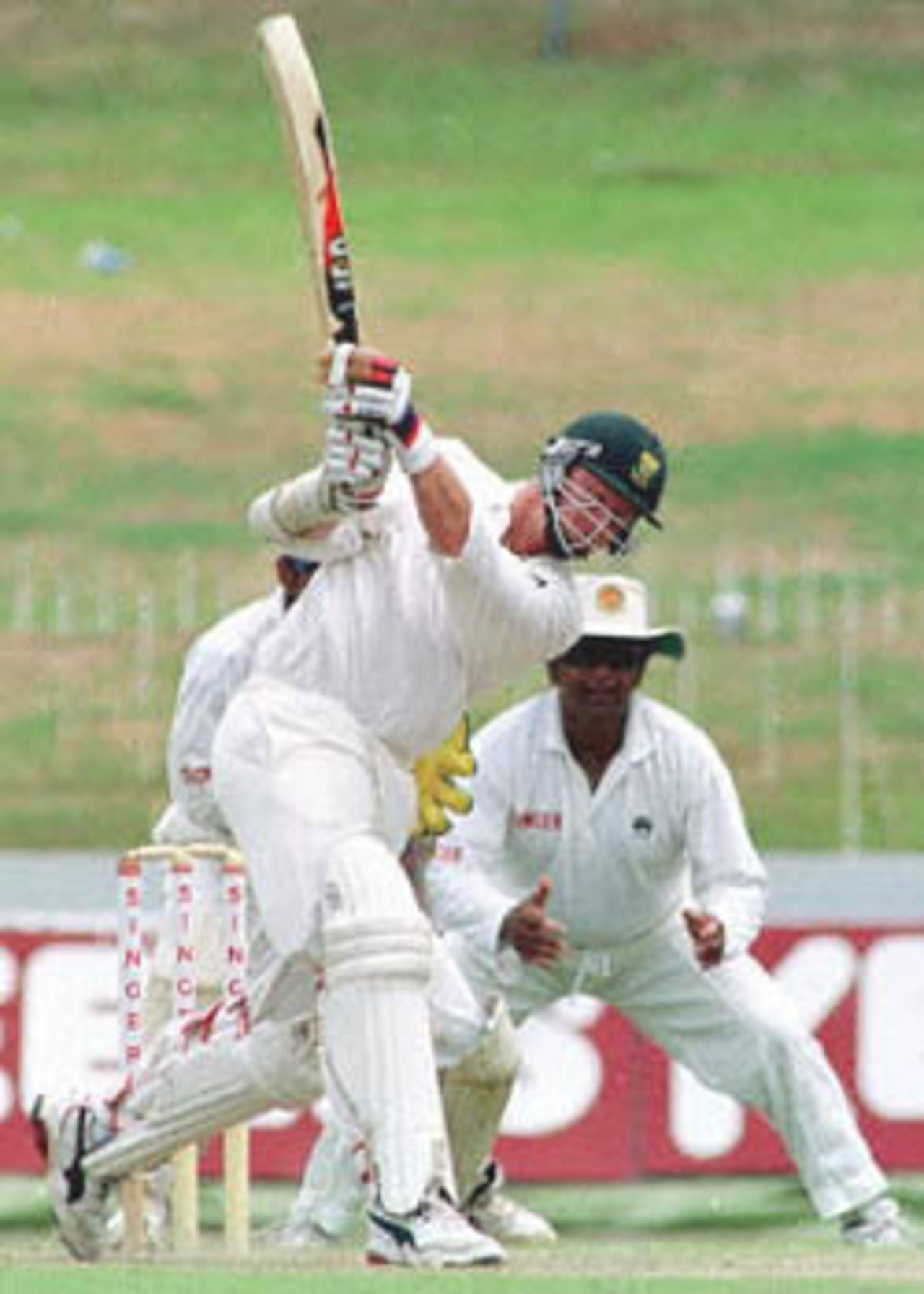 South African batsman Lance Klusener plays a stroke in the third and final Test against Sri Lanka. Klusener made an unbeaten 95 in the first innings. South Africa in Sri Lanka, 2000/01, 3rd Test, Sri Lanka v South Africa, Sinhalese Sports Club Ground, Colombo, 06-10 August 2000 (Day 2).