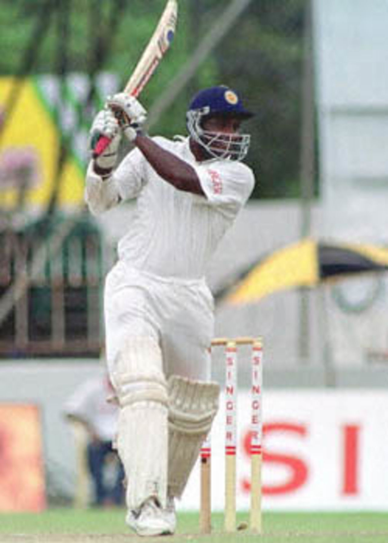 Sri Lankan batsman Sanath Jayasuriya plays a stroke in the third and final Test against South Africa. Jayasuriya made 85 runs in the first innings. South Africa in Sri Lanka, 2000/01, 3rd Test, Sri Lanka v South Africa, Sinhalese Sports Club Ground, Colombo, 06-10 August 2000 (Day 2).