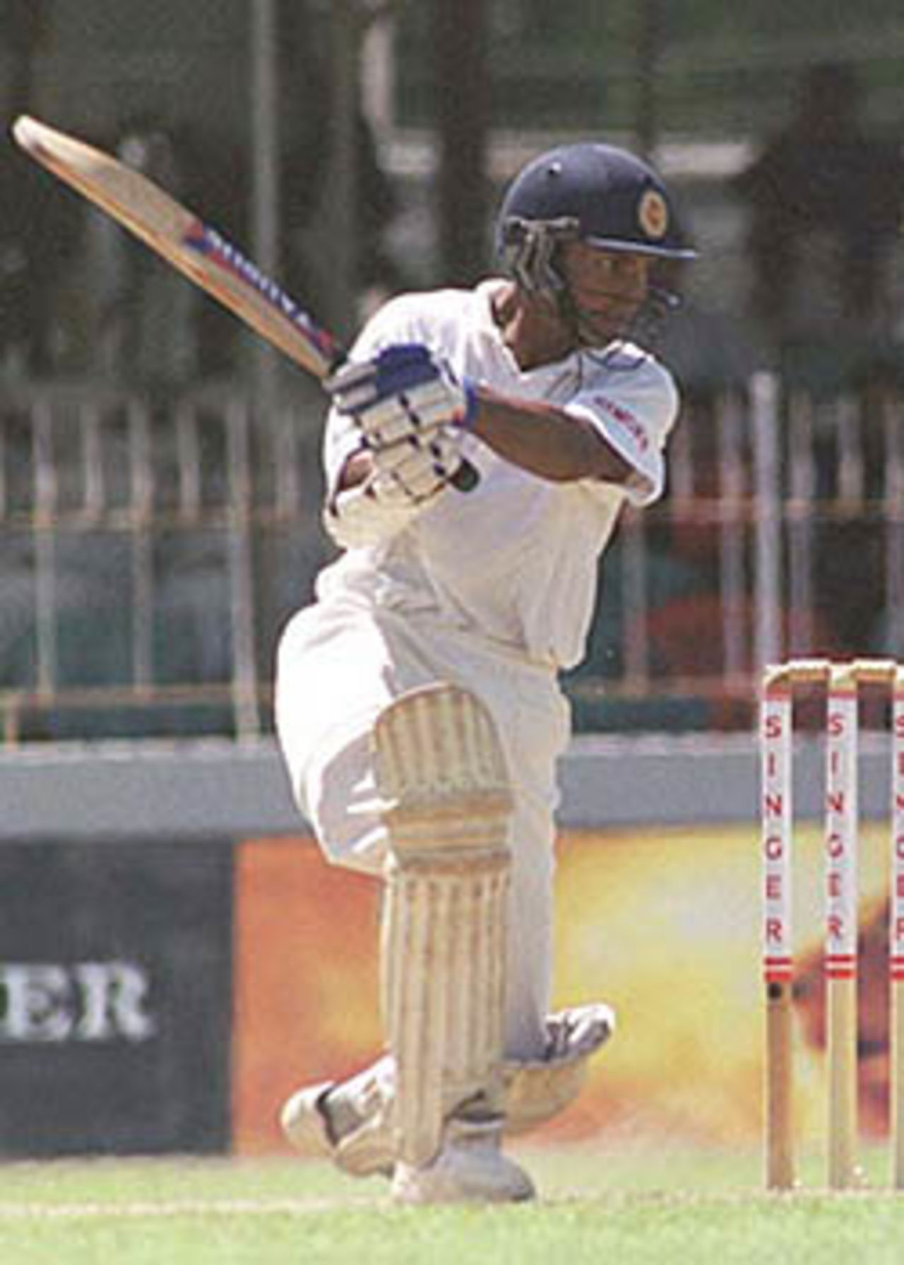 Sangakkara smashes the ball square of the wicket through the offside, South Africa in Sri Lanka, 2000/01, 3rd Test, Sri Lanka v South Africa, Sinhalese Sports Club Ground, Colombo, 06-10 August 2000 (Day 3).