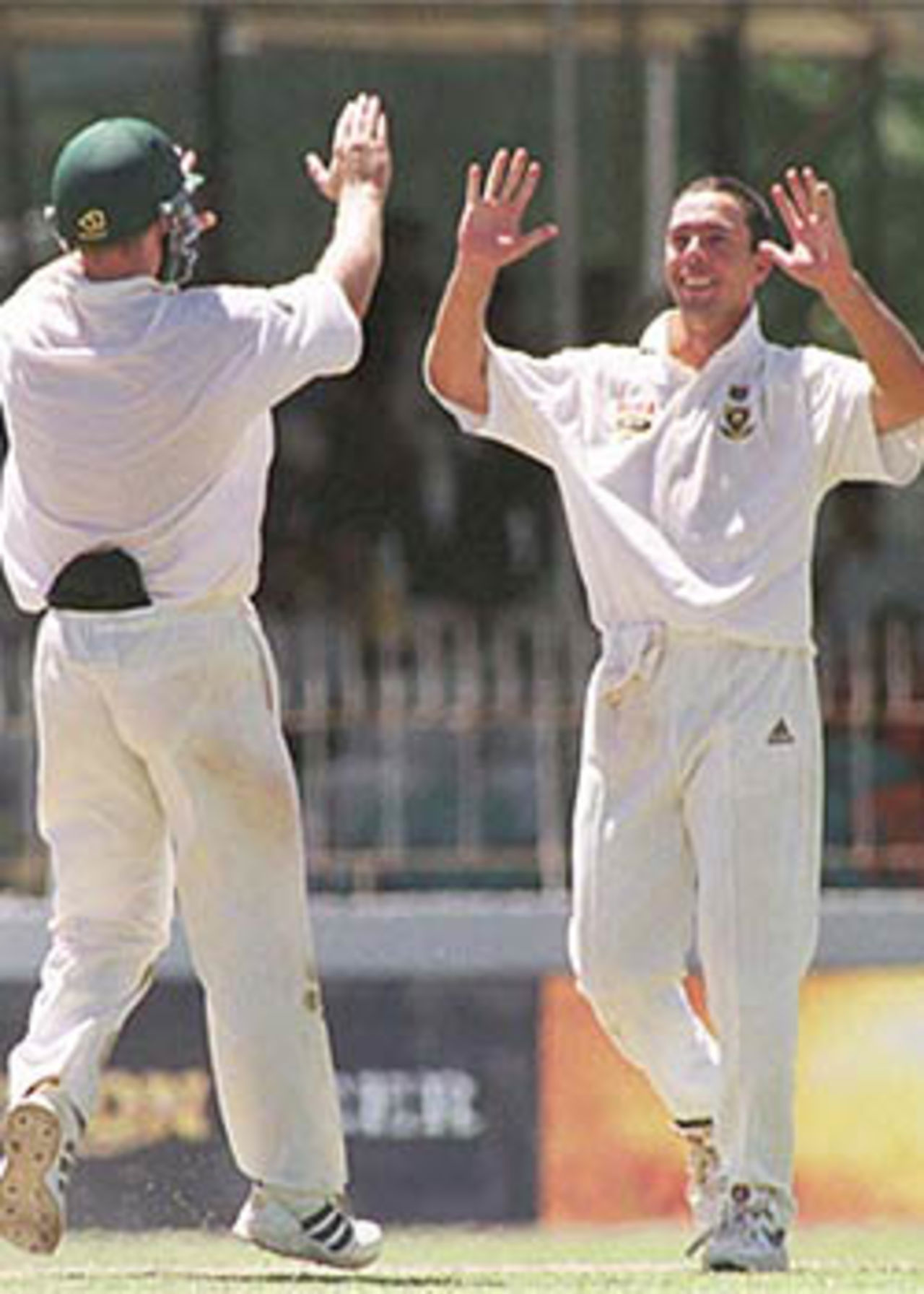 Nicky Boje and Jonty Rhodes celebrate the fall of a Sri Lankan wicket, South Africa in Sri Lanka, 2000/01, 3rd Test, Sri Lanka v South Africa, Sinhalese Sports Club Ground, Colombo, 06-10 August 2000 (Day 3).