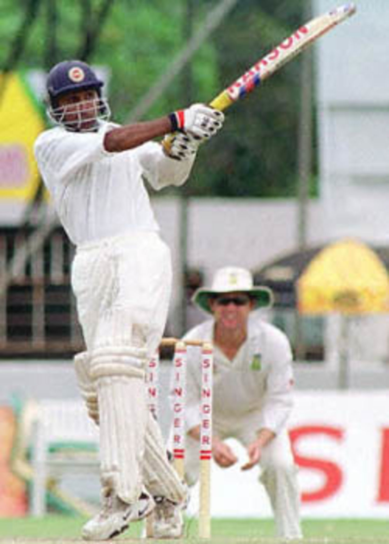Sri Lankan batsman Mahela Jayewardene plays a stroke, in Kandy, during the third and final Test against South Africa. Jayewardene made 34 runs in the first innings. South Africa in Sri Lanka, 2000/01, 3rd Test, Sri Lanka v South Africa, Sinhalese Sports Club Ground, Colombo, 06-10 August 2000 (Day 3).