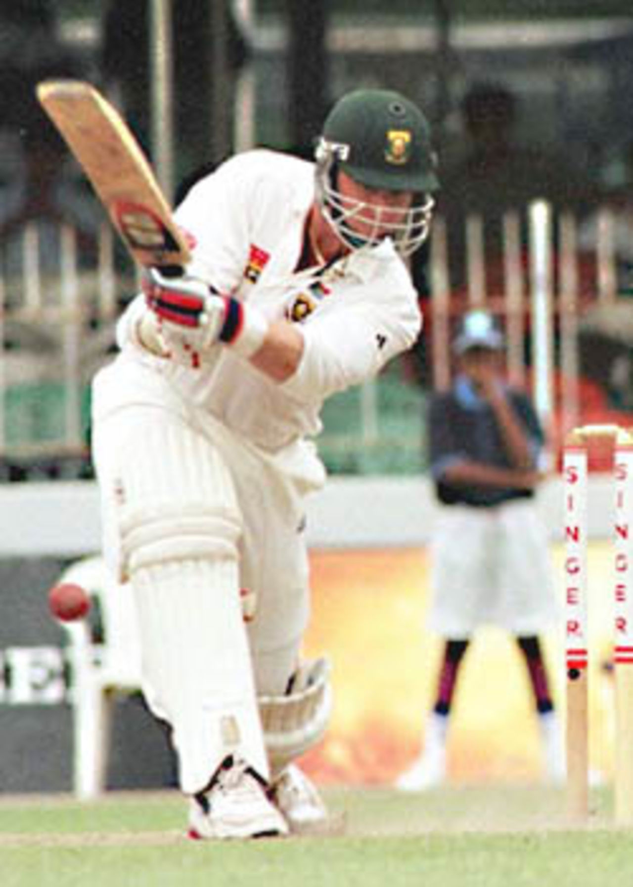 Klusener drives the ball back past the bowler, South Africa in Sri Lanka, 2000/01, 3rd Test, Sri Lanka v South Africa, Sinhalese Sports Club Ground, Colombo, 06-10 August 2000 (Day 4).