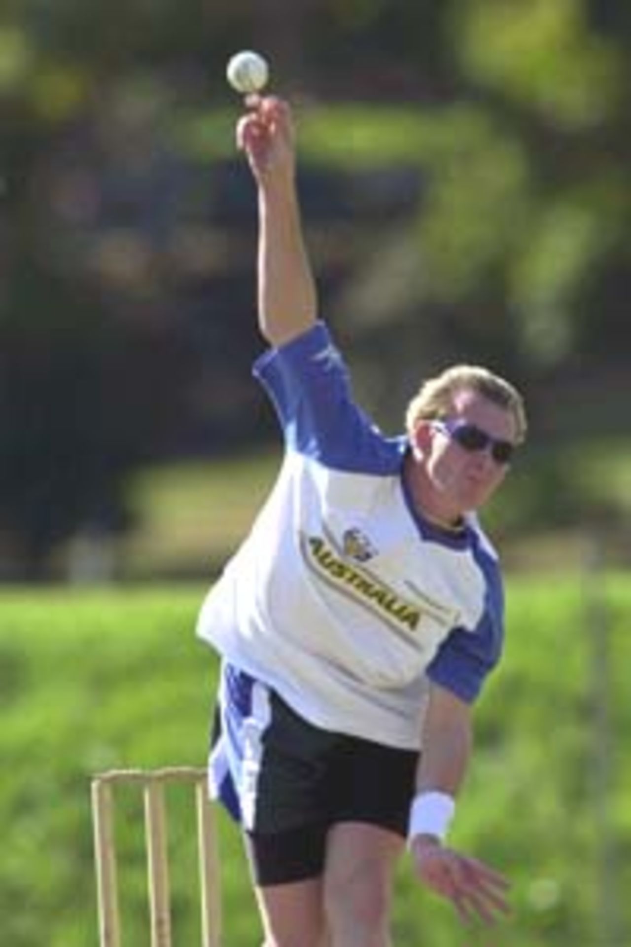 10 Aug 2000: Brett Lee of Australia in action at training for the Australian Cricket team at Allan Border Field in Brisbane, Australia. The Australian team are preparing for Super Challenge 2000 against South Africa.