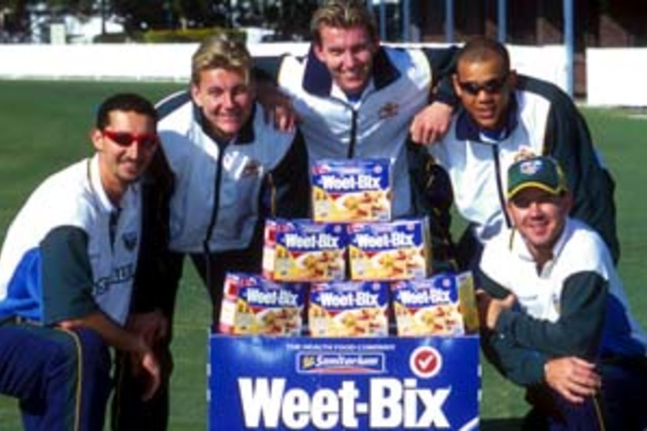 10 Aug 2000: Jason Gillespie, Shane Lee, Brett Lee, Andrew Symonds and Ricky Ponting of Australia at the announcement of the Weet-Bix sponsorship of the Australian Cricket team held at Allan Border Field in Brisbane, Australia.