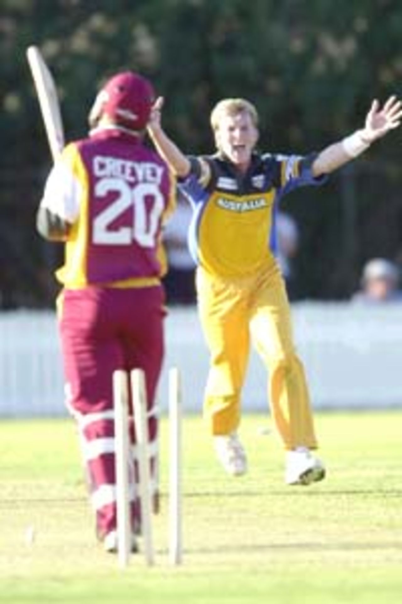 11 Aug 2000: Brett Lee of Australia celebrates getting the wicket of Brendan Creevey of Queensland during the Australia versus Queensland practice match played at Allan Border Field in Brisbane, Australia. The Australian team are playing the practice match to prepare for the Super Challenge 2000 against South Africa.
