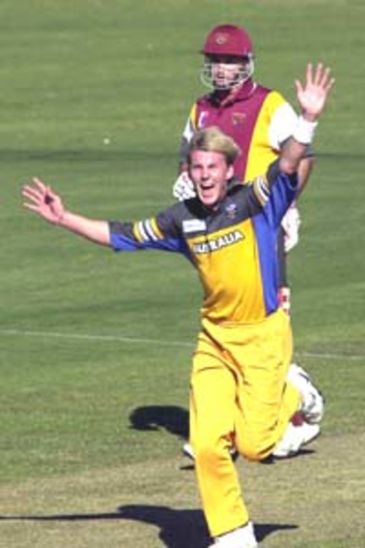 11 Aug 2000: Brett Lee of Australia celebrates getting the wicket of Jerry Cassell of Queensland while Jimmy Maher looks on during the Australia versus Queensland practice match played at Allan Border Field in Brisbane, Australia. The Australian team are playing the practice match to prepare for the Super Challenge 2000 against South Africa.
