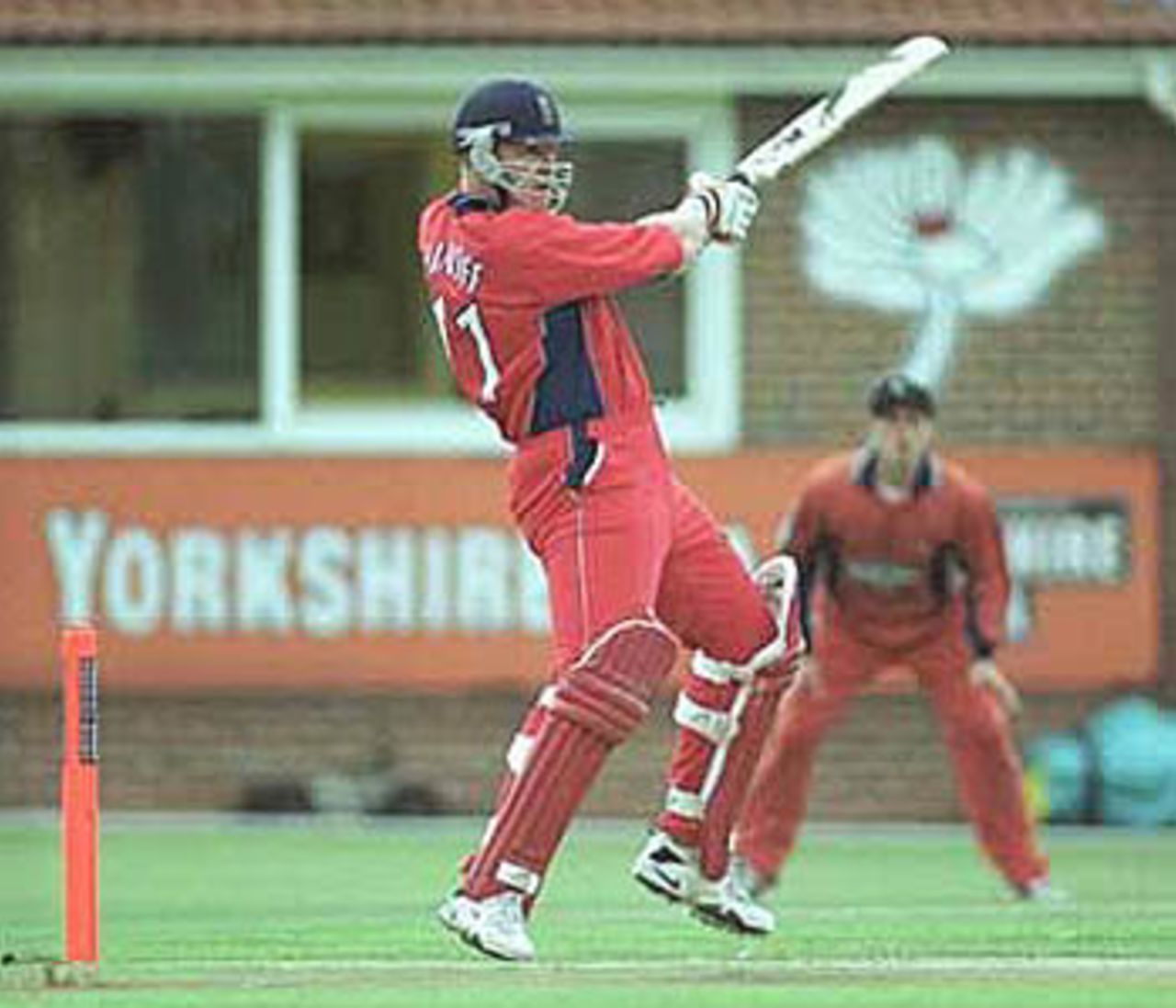 Flintoff moves away from the wickets to play an extravagant stroke, National League Division One, 2000, Yorkshire v Lancashire, Headingley, Leeds, 9 August 2000.