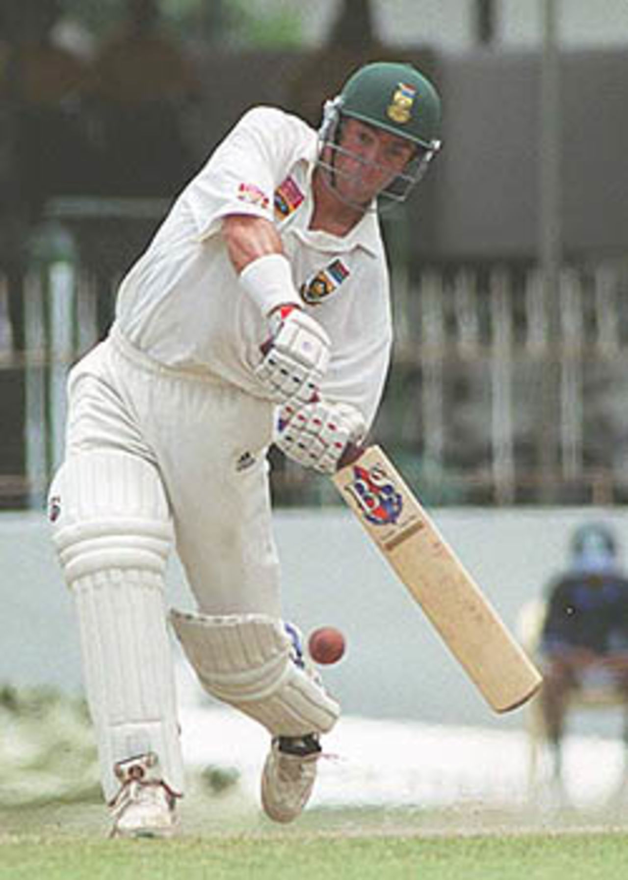 Nicky Boje smashes the ball straight back at the bowler. South Africa in Sri Lanka 2000/01, 3rd Test, Sri Lanka v South Africa, Sinhalese Sports Club Ground, Colombo, 06-10 August 2000 (Day 5).