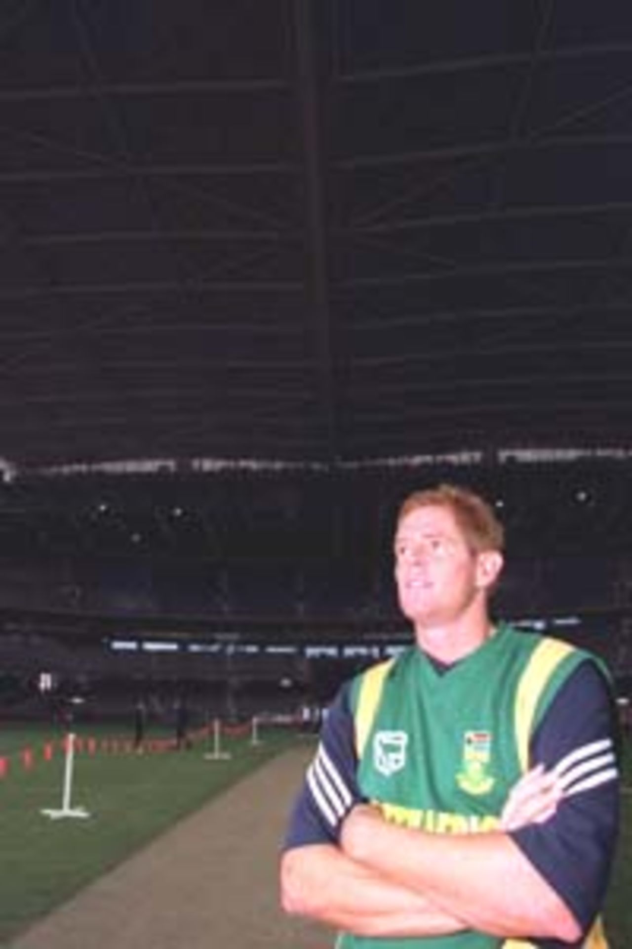 14 Aug 2000: Captain of the South African Cricket Team Shaun Pollock inspects Colonial Stadium, venue for the Super Challenge 2000 one day cricket series beginning Wednesday in Melbourne, Australia.