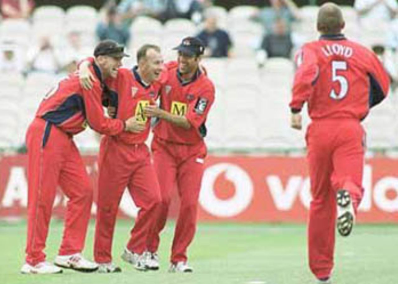 An ecstatic Fairbrother after effecting a run out, National League Division One, 2000, Lancashire v Gloucestershire, Old Trafford, Manchester, 11 August 2000.
