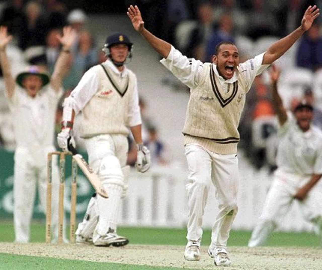 16 Aug 2000: Gary Butcher of Surrey appeals successfully for leg before wicket against Liam Wharton of Derbyshire, thus achieving four wickets in four balls, on the first day of the PPP Healthcare Division One County Championship match at the Oval in London.