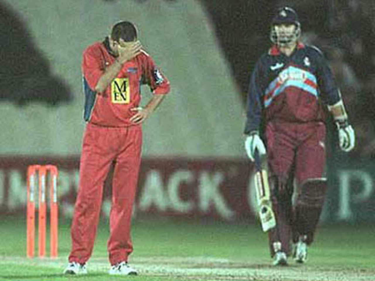 Scuderi is distraught as Martin McCague smashes him for 4, National League Division One, 2000, Lancashire v Kent, Old Trafford, Manchester, 15 August 2000.
