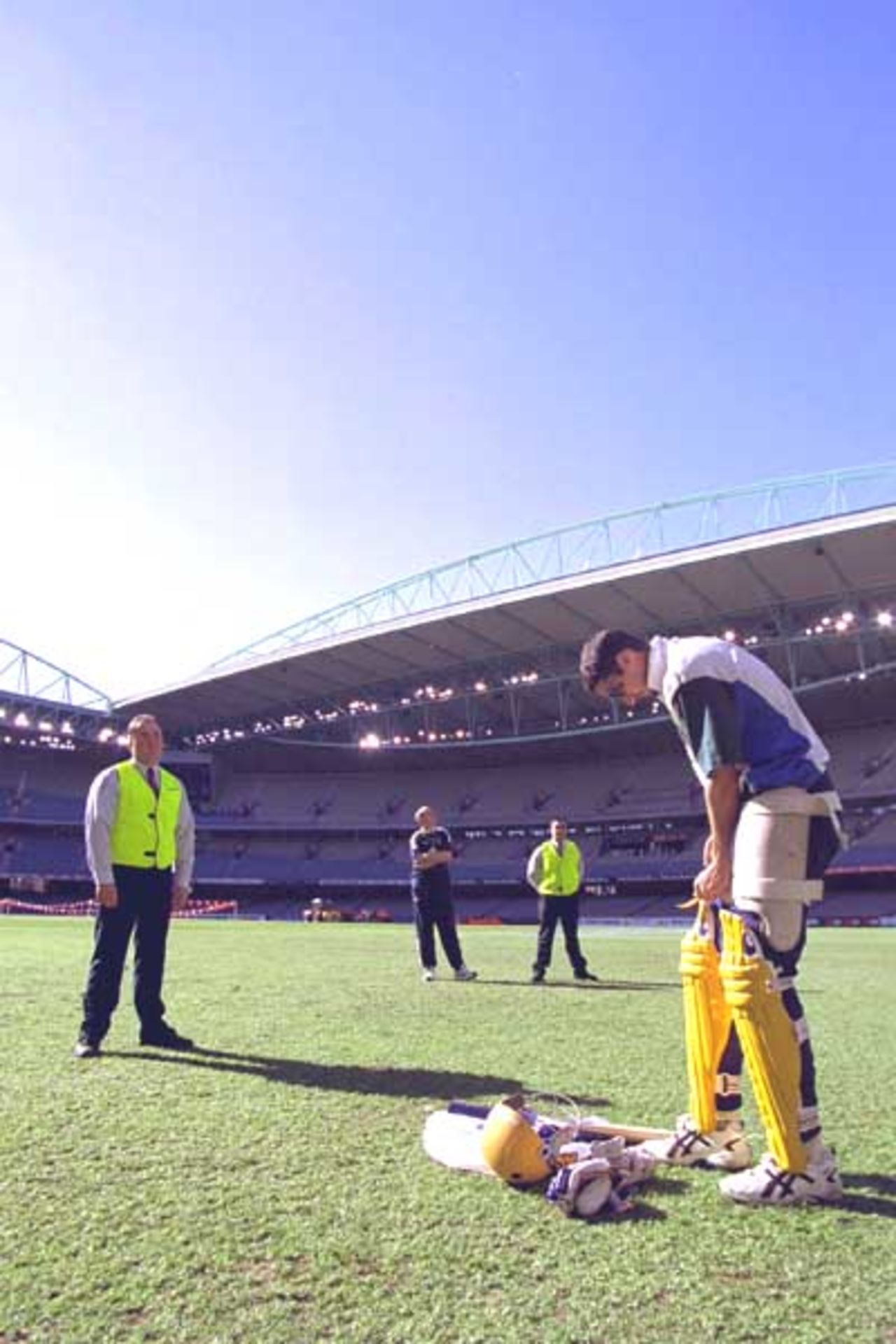 17 Aug 2000: Jason Gillespie of Australia, the only Australian player to train, pads up, during training for the Super Challenge 2000 between Australia and South Africa at Colonial Stadium in Melbourne, Australia.