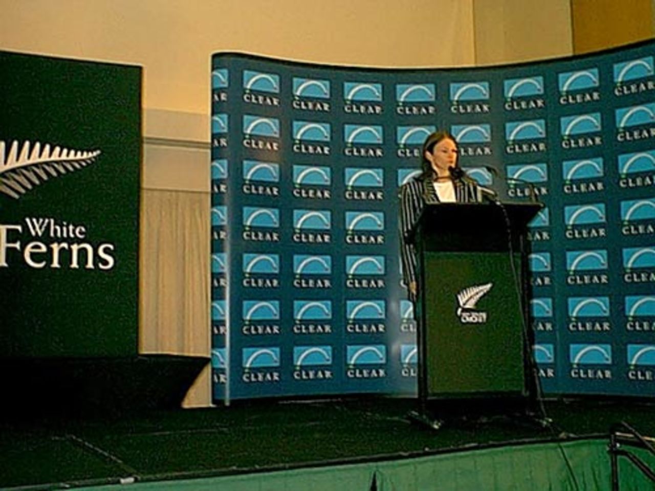 Captain Emily Drumm speaks at the launch of the CLEAR White Ferns as the new name of the New Zealand women's team at a breakfast function in Christchurch