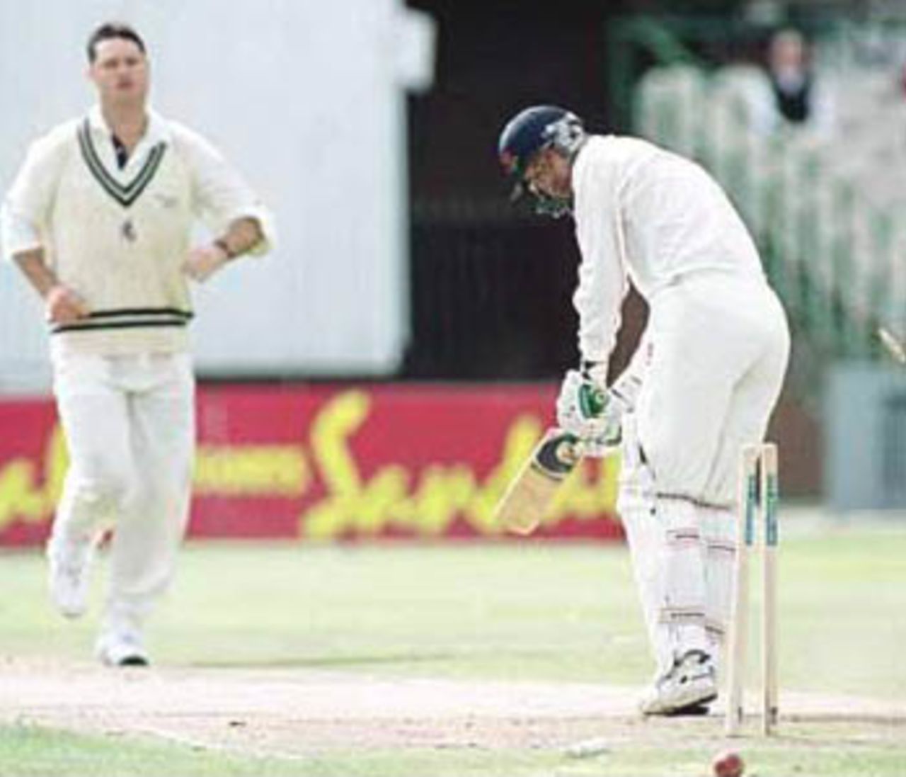 Joe Scuderi is bowled out by Martin McCague, PPP healthcare County Championship Division One, 2000, Lancashire v Kent, Old Trafford, Manchester, 17-20 August 2000(Day 2).