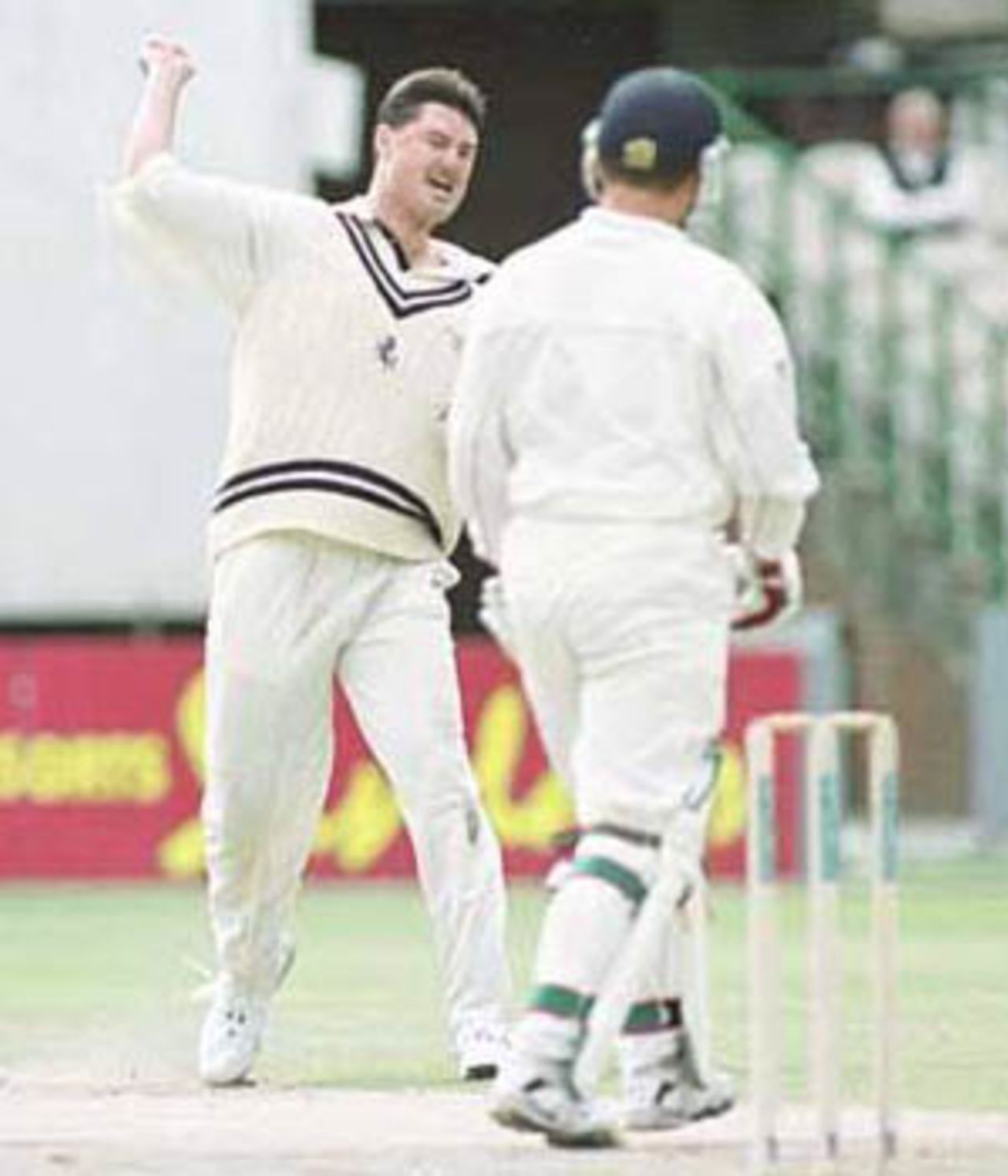Martin McCague celebrates trapping Hegg LBW, PPP healthcare County Championship Division One, 2000, Lancashire v Kent, Old Trafford, Manchester, 17-20 August 2000(Day 2).