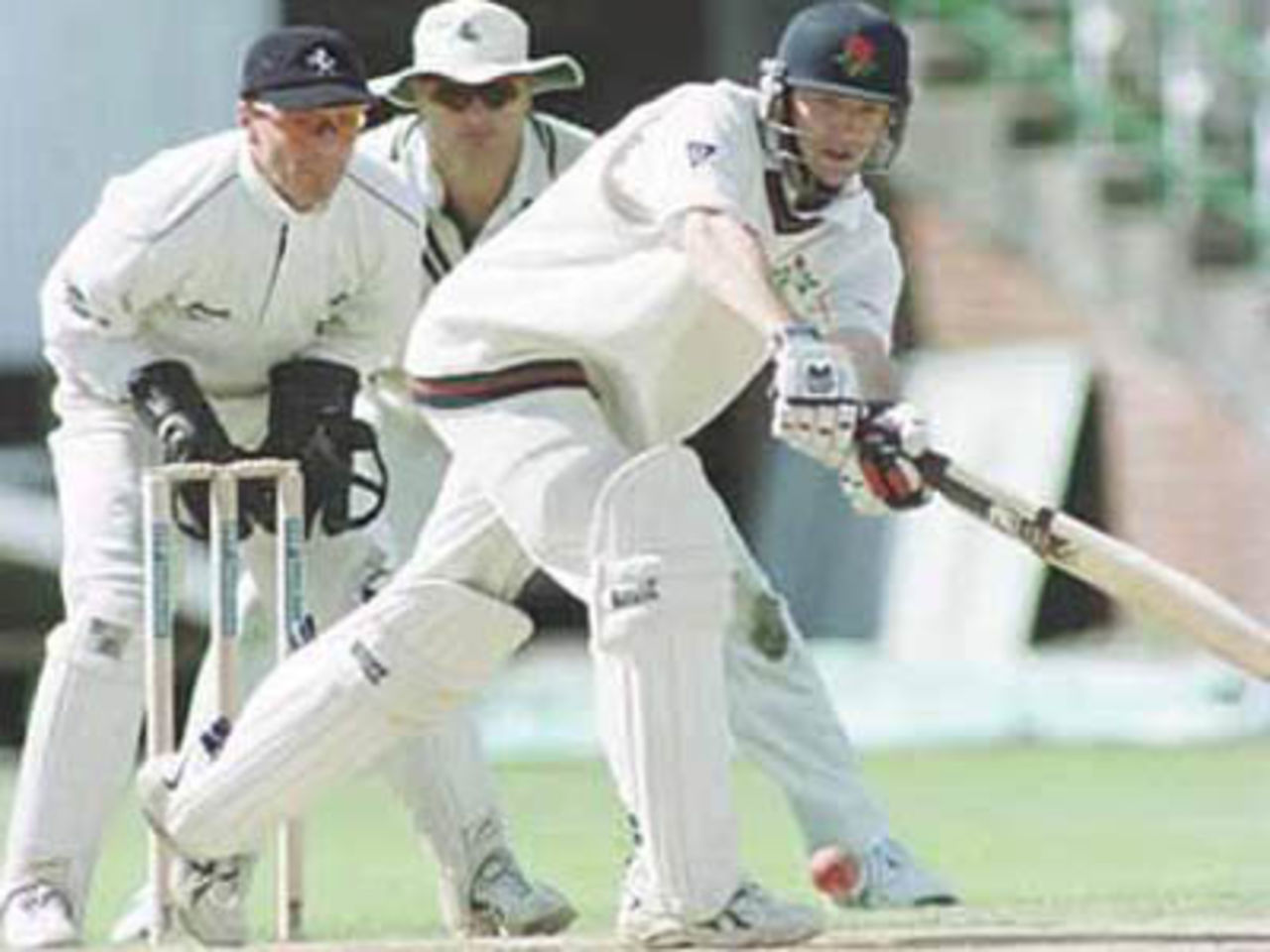 Left hander Chris Schofield tries to push the ball down legside, PPP healthcare County Championship Division One, 2000, Lancashire v Kent, Old Trafford, Manchester, 17-20 August 2000(Day 3).