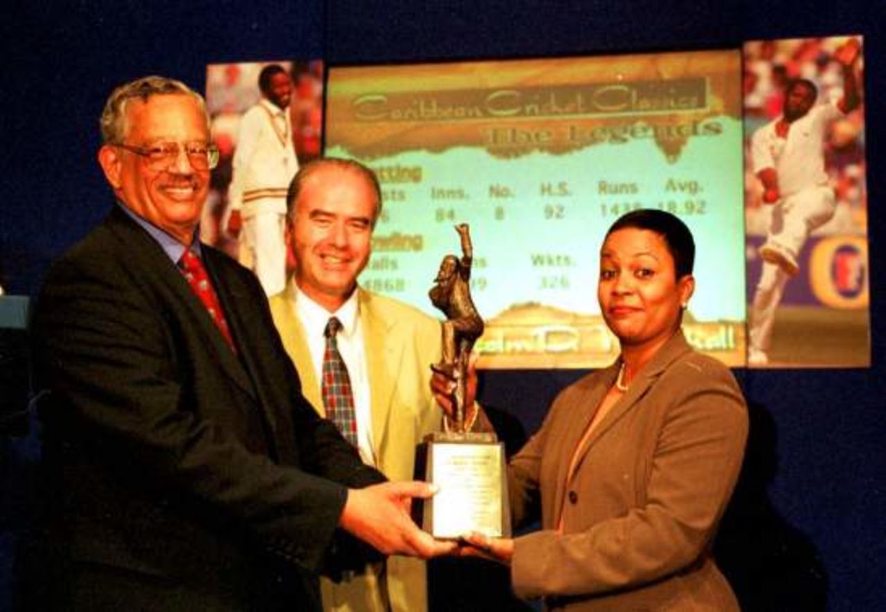 WICB President Patrick Rousseau, Mr. Tim Lamb Executive Officer of the ECB and  Mrs. Connie Marshall with Marshall Memorial Trophy