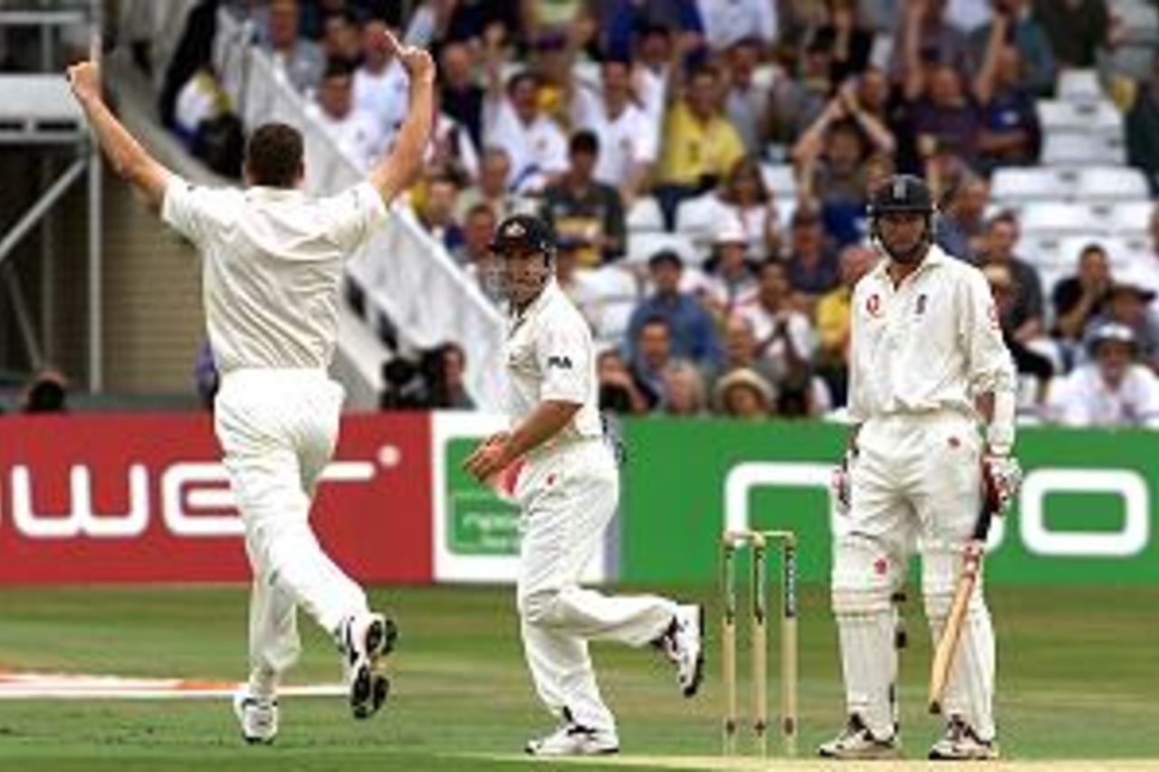 2 Aug 2001: Australia celebrates the early wicket of Michael Atherton of England during the first day of the Npower Third Test match between England and Australia at Trent Bridge, Nottingham.