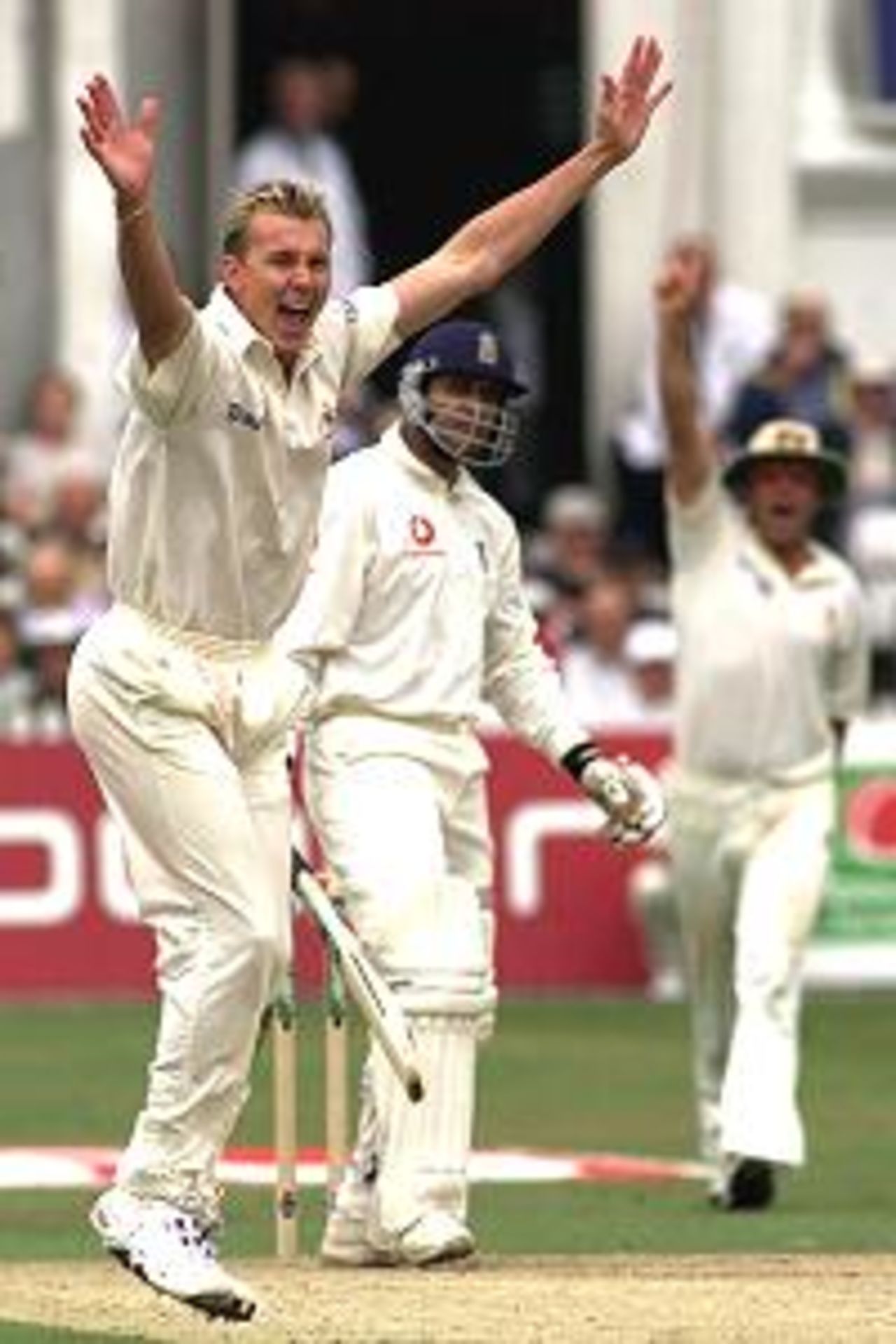 3 Aug 2001: Brett Lee of Australia celebrates trapping Mark Butcher of England leg before wicket during the second day of the Npower Third Test match between England and Australia at Trent Bridge, Nottingham.